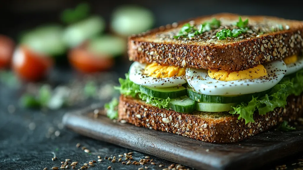 A close-up shot of a delicious-looking egg salad sandwich on multigrain bread.  The sandwich is layered with sliced hard-boiled eggs, crisp cucumber, and fresh lettuce.  A sprinkle of herbs and spices tops the bread. The sandwich rests on a dark wooden cutting board, with blurred background elements of tomatoes and cucumbers.  The image evokes freshness and healthy eating.