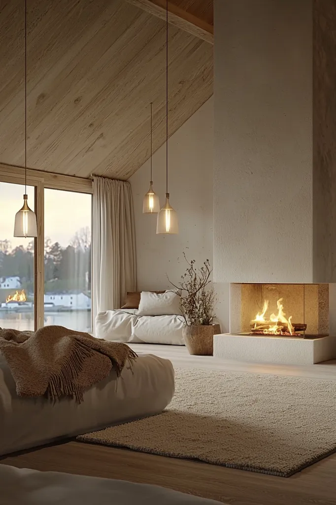 A minimalist bedroom features a low platform bed with a neutral-toned throw, overlooking a tranquil waterfront view through large windows.  Three pendant lights hang above, casting a warm glow. A built-in fireplace with a crackling fire provides a cozy focal point, and a light beige rug softens the wooden floor. The overall aesthetic is serene and calming, emphasizing natural materials and soft lighting.