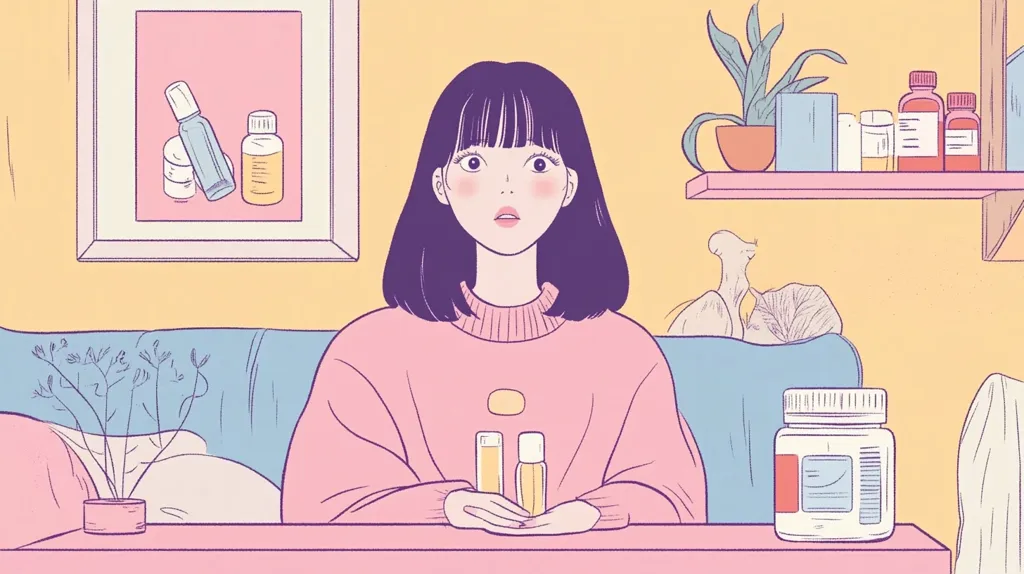 A young woman with dark bobbed hair sits on a pastel-colored couch, holding two small bottles of essential oils.  The room is decorated in soft, muted tones, with a framed picture of skincare products and a shelf holding various bottles and a potted plant. A pill bottle sits on the table in front of her. The overall style is minimalist and cute.