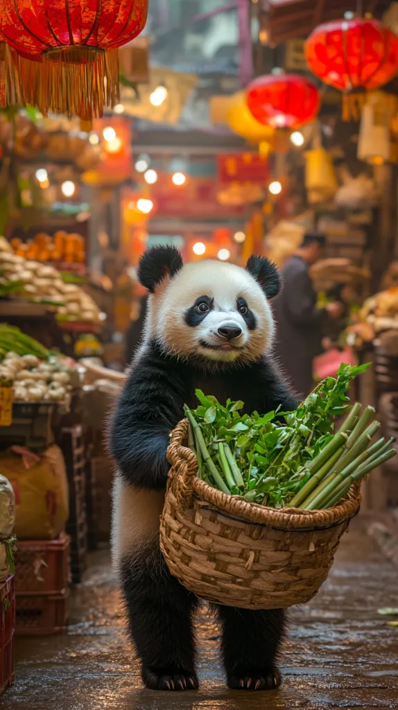 A cute panda cub stands in a bustling Asian market, carrying a woven basket overflowing with fresh green vegetables.  Red lanterns hang overhead, creating a vibrant, festive atmosphere.  The panda's adorable expression and the market's vibrant colors create a charming and whimsical scene.  The image suggests a blend of traditional culture and wildlife.