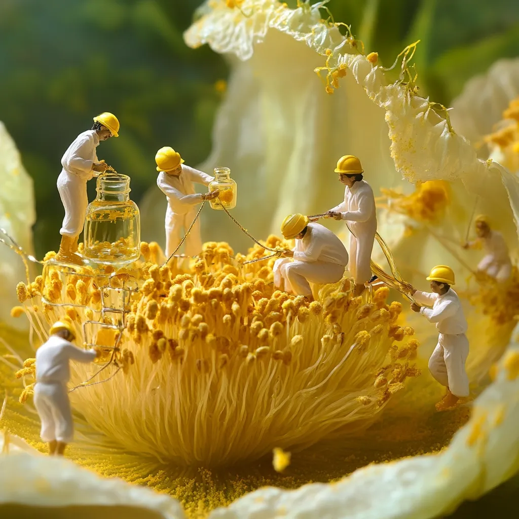 Miniature figures, dressed in white suits and yellow hard hats, meticulously work within a large, vibrant flower.  They appear to be harvesting a golden liquid from the flower's stamen, carefully collecting it into glass containers. The scene is a whimsical juxtaposition of the tiny workers and the immense scale of the bloom, creating a captivating miniature world.