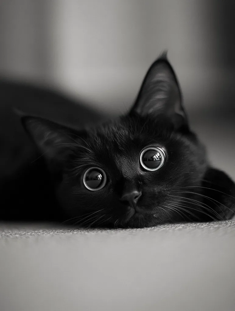 A black cat with large, expressive eyes rests its chin on a light-colored surface.  The monochrome image emphasizes the cat's dark fur and the reflective gleam in its eyes.  Its body is partially obscured, creating a sense of mystery and intrigue. The cat appears relaxed and curious, gazing directly at the viewer.