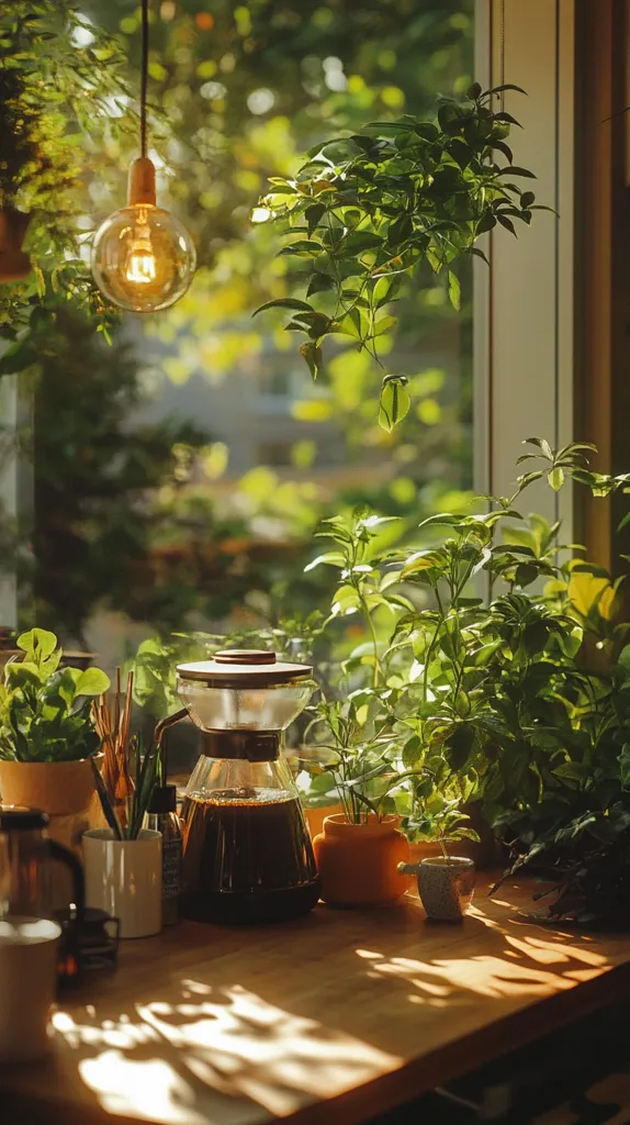 Sunlight streams through a window, illuminating a wooden counter where a glass coffee maker sits, filled with dark brew. Lush green plants in terracotta pots thrive beside it, bathed in the warm light.  A vintage-style bulb hangs overhead, casting a gentle glow. The scene evokes a feeling of calm and serenity, a peaceful morning moment.