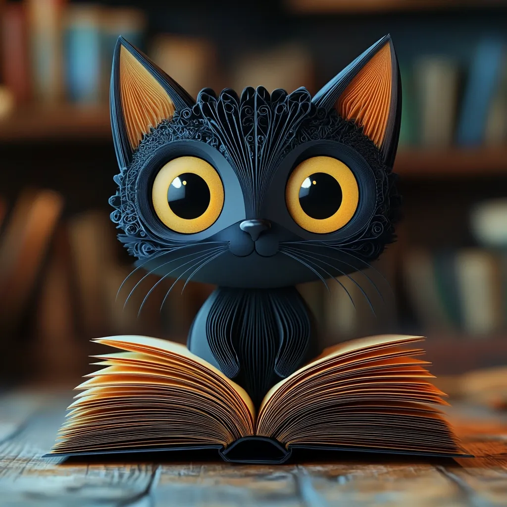 A charming, stylized black cat, crafted from intricately folded paper, sits atop an open book.  Its large, expressive eyes and detailed fur add to its endearing quality. The scene is set against a blurred background of bookshelves, suggesting a studious or literary atmosphere. The image is digitally rendered, showcasing exceptional detail and texture.