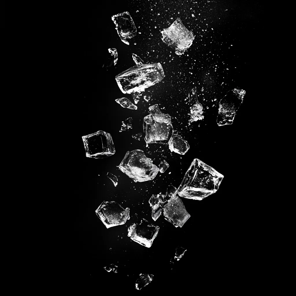 A high-contrast black and white image shows numerous ice cubes falling against a black background.  The ice cubes are various sizes and some are fragmented, with small ice particles also visible. The overall impression is one of motion and coldness, creating a dynamic and visually striking effect.