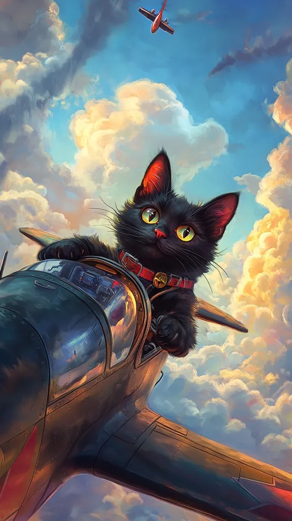 A black kitten, wearing a red collar and harness, sits proudly in the cockpit of a vintage airplane soaring through a vibrant, cloudy sky.  Another small plane is visible in the distance. The scene is painted in a whimsical, almost surreal style, blending realistic elements with cartoonish charm. The kitten's large, expressive eyes and confident posture capture the viewer's attention.