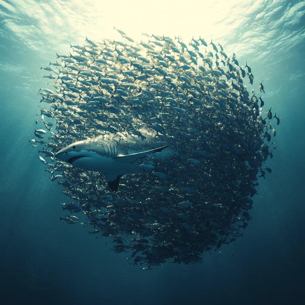 A great white shark swims majestically through a massive ball of smaller fish.  The sunlight filters down from above, illuminating the scene in a vibrant underwater spectacle.  The shark's size contrasts dramatically with the countless smaller fish, creating a powerful image of predator and prey in their natural ocean environment.  The scene is serene yet tense, capturing the raw energy of the deep sea.