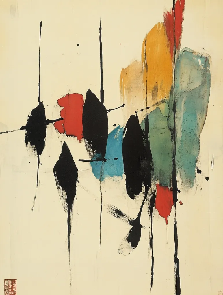 An abstract expressionist painting features a blend of bold colors and gestural brushstrokes.  Black, red, teal, and gold hues are splashed across a creamy off-white background.  Vertical black lines act as anchors for the dynamic composition, while irregularly shaped color fields suggest movement and energy. The style evokes a sense of spontaneity and emotional intensity.