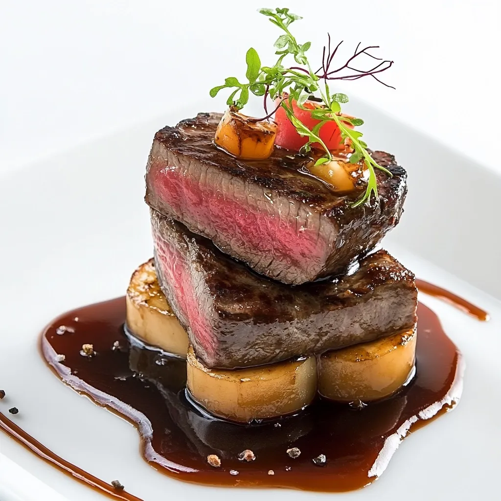 A gourmet steak dish is elegantly presented.  Two slices of perfectly seared beef are stacked atop roasted potato slices.  The meat boasts a rich, reddish-pink interior, indicating a desirable level of doneness.  A dark, glossy reduction sauce envelops the base, accented with tiny peppercorns.  A sprig of fresh herbs provides a final touch of sophistication.