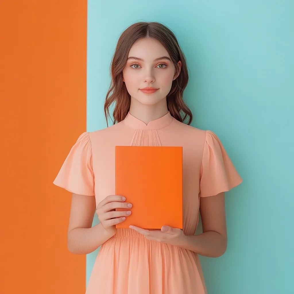 A young woman with long brown hair, wearing a peach-colored dress, stands against a vibrant orange and teal background.  She holds an orange book or notepad in front of her, her expression calm and direct. The bright colors of the background and the book create a striking contrast with her soft features and attire. The image conveys a sense of serenity and minimalist style.