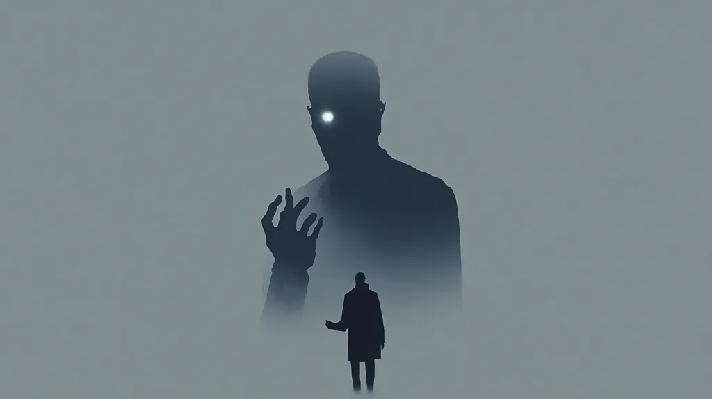 The artwork depicts a large, shadowy figure with a glowing eye, looming over a smaller, silhouetted person.  The larger figure's hand is outstretched, suggesting control or manipulation. The muted color palette and hazy atmosphere create a sense of mystery and unease, evoking themes of power, vulnerability, and perhaps the unseen forces that shape our lives.