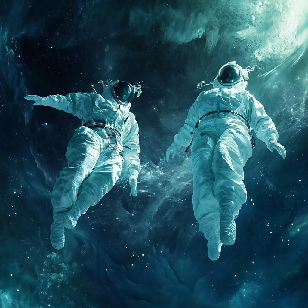Two astronauts float weightlessly in the vast expanse of space.  Surrounding them is a nebula of swirling teal and green gases, stars twinkling in the distance.  The astronauts' suits are pristine white, contrasting sharply with the cosmic backdrop.  They appear serene, adrift in the silent beauty of the cosmos.  The image evokes a sense of wonder and the infinite possibilities of space exploration.