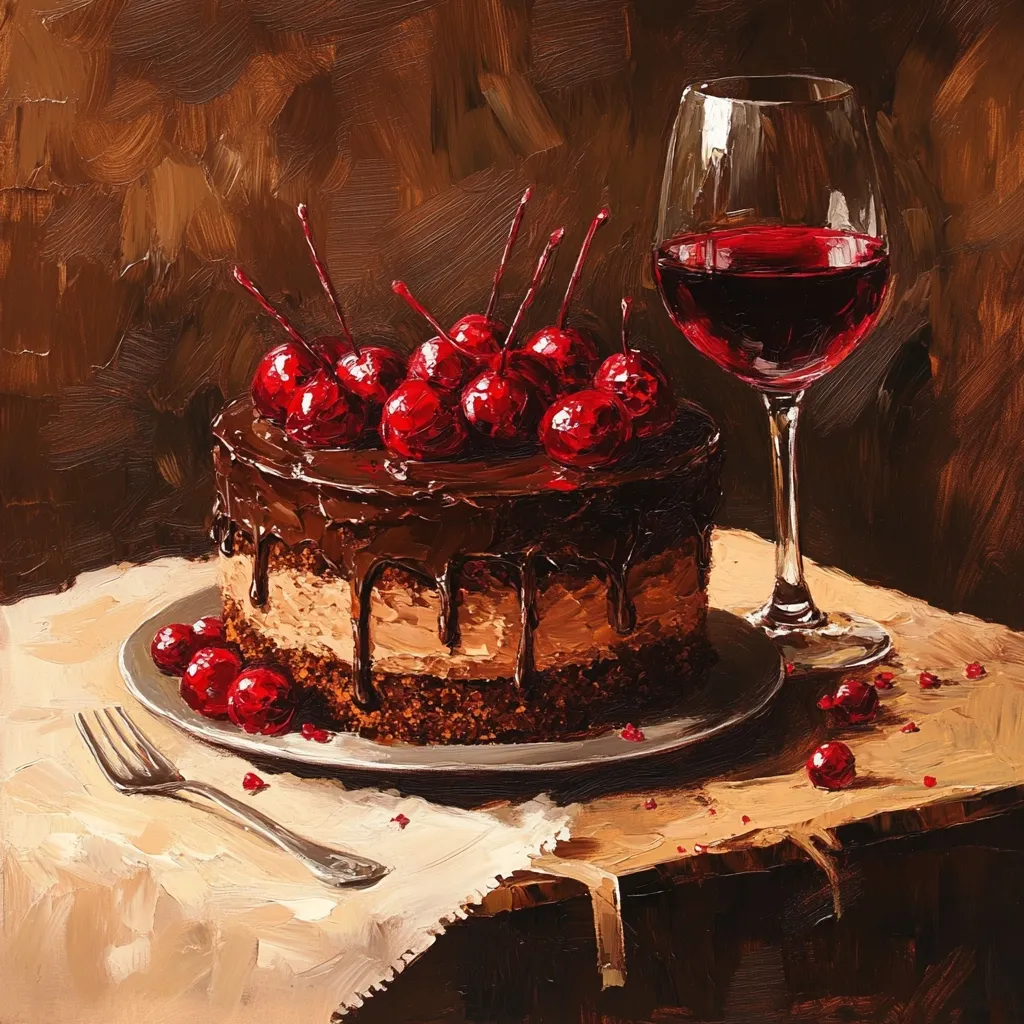 A luscious chocolate cake, adorned with glistening cherries and a rich chocolate ganache, takes center stage.  It rests on a silver plate, accompanied by a glass of red wine.  A few scattered cherries and a fork add to the still life composition, painted with a bold, expressive style, emphasizing texture and light. The dark background enhances the vibrant colors of the cake and wine.
