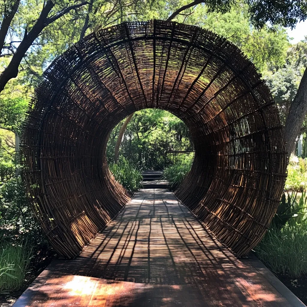 A long, cylindrical tunnel constructed from interwoven brown branches creates a shaded pathway through a lush green garden.  Sunlight streams through the gaps in the woven structure, casting shadows on the wooden walkway within.  The tunnel leads to a serene, verdant space beyond, offering a tranquil and secluded passage.