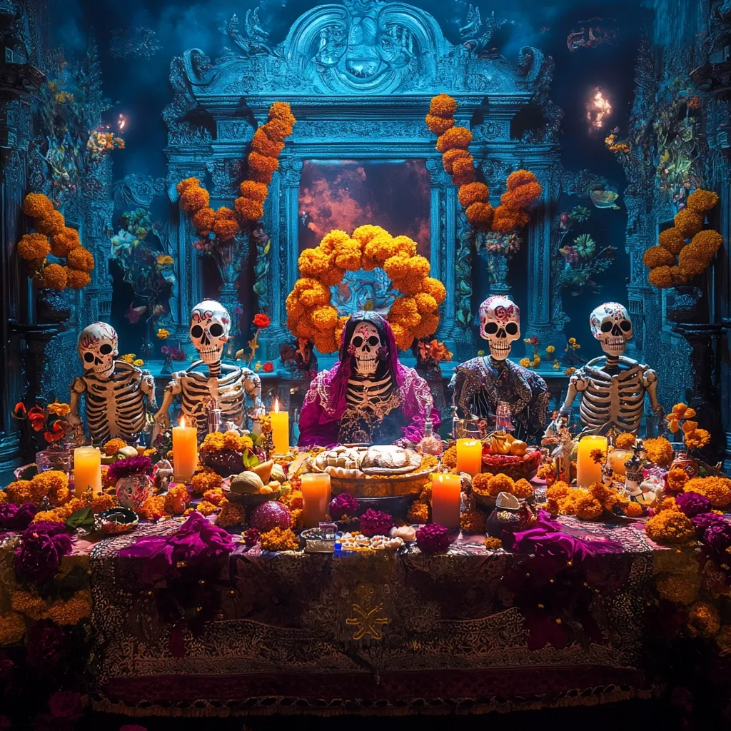 A Day of the Dead scene features a lavishly decorated table with marigolds and candles.  Five skeletons, adorned with vibrant makeup, sit around the table, which is laden with food offerings. A central figure, wearing a marigold crown and purple robe, presides. The backdrop is a richly detailed, teal-hued room, evoking a sense of opulent festivity and remembrance. The overall ambiance is mystical and celebratory, capturing the essence of the Mexican holiday.