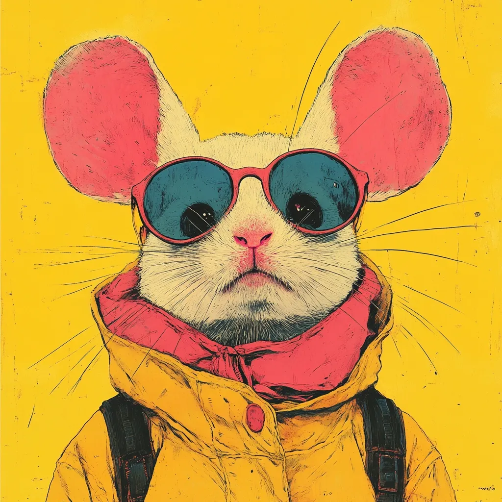 A stylized illustration depicts a white mouse wearing vibrant pink sunglasses, a red scarf, and a yellow raincoat.  The mouse's large pink ears and whiskers are prominent against a bright yellow background. The overall style is bold and graphic, with visible texture and line work. The mouse appears fashionable and adventurous.