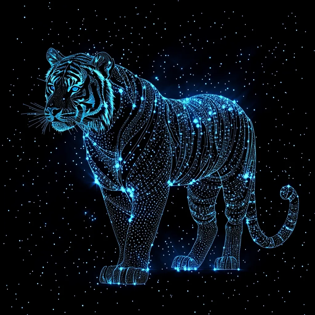 A majestic tiger is depicted as a constellation, its form traced by luminous blue stars against a dark, star-studded night sky. The tiger's stripes are elegantly rendered by the arrangement of stars, creating a celestial masterpiece.  Its powerful stance and piercing gaze convey strength and grace, a harmonious blend of earthly predator and cosmic wonder.  The overall image evokes a sense of mystery and awe.
