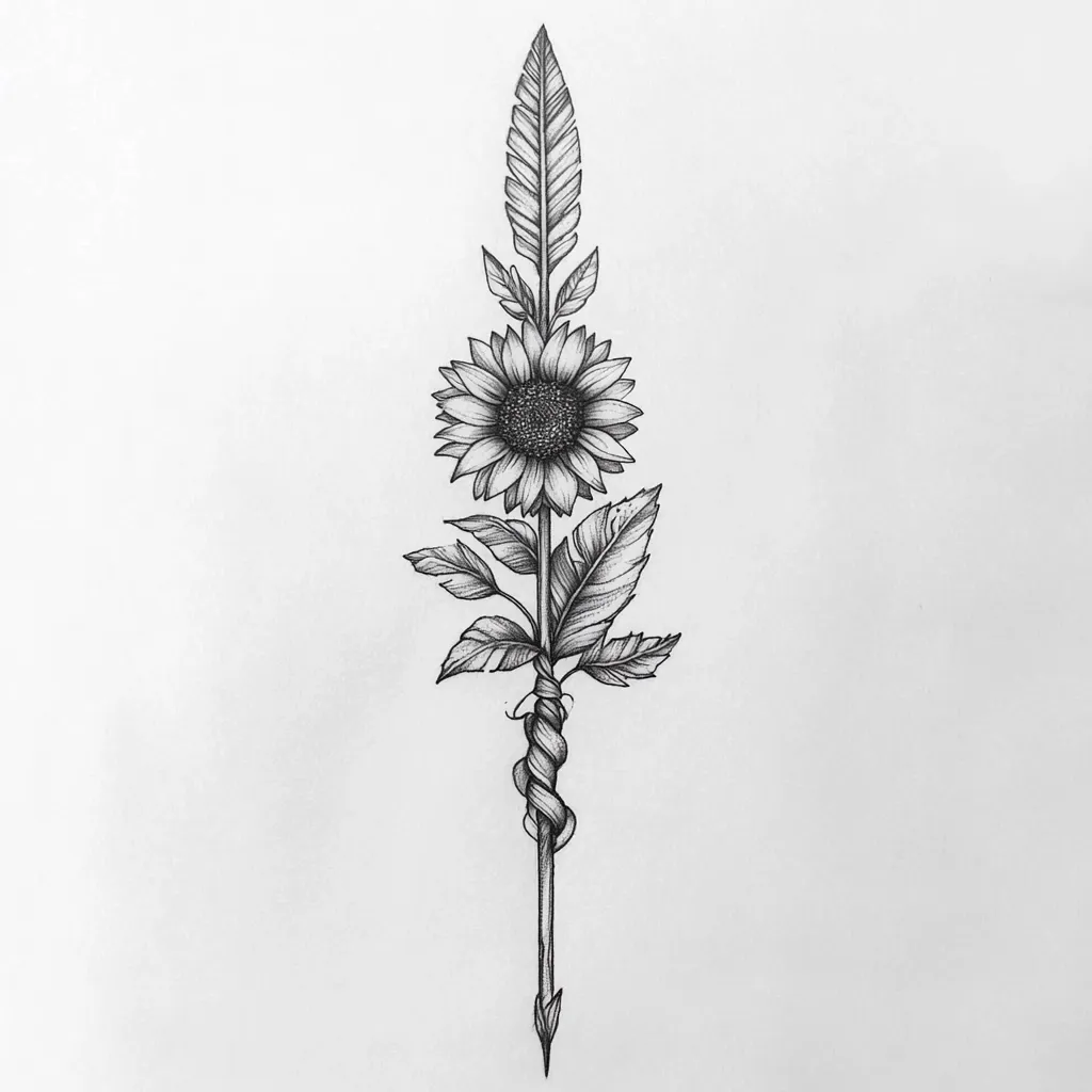 A detailed pencil sketch depicts a sunflower intricately bound to a long, pointed arrow or spear. The sunflower, rendered with meticulous shading, sits at the center, its stem tightly wrapped around the shaft.  The arrow extends beyond the flower, suggesting a powerful juxtaposition of delicate beauty and sharp strength.  The style is minimalistic, with emphasis on linework and contrast.