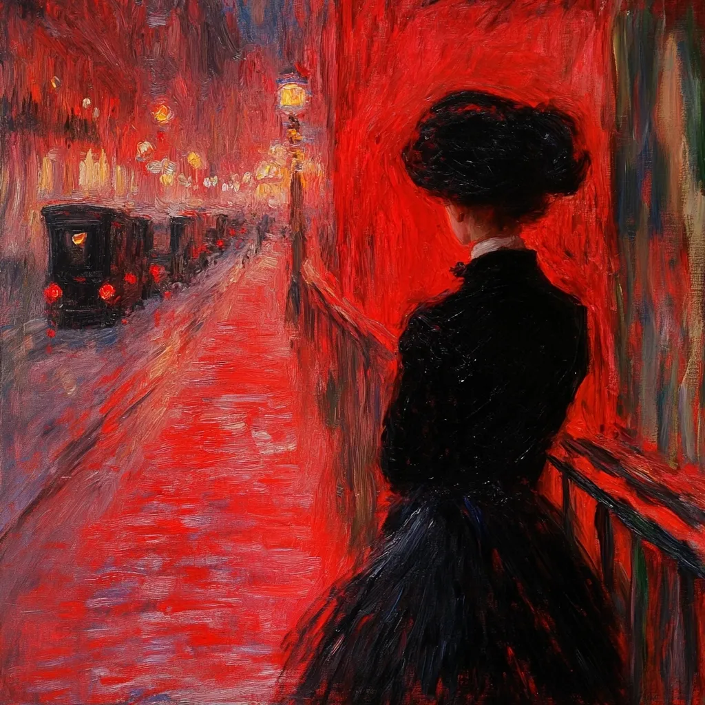 A woman in a black dress and hat stands at the edge of a crimson-hued street, her back to the viewer.  The scene is painted with visible brushstrokes, conveying a nocturnal atmosphere.  A dimly lit street, with horse-drawn carriages visible in the background, adds to the mood.  The dominant red tones create a striking contrast with the woman's dark attire.