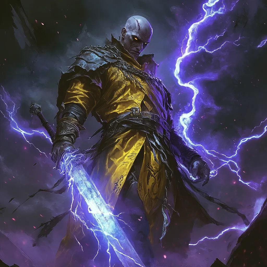 A bald, stern-faced man in a yellow robe and dark armor wields a large sword crackling with blue lightning.  Purple storm clouds swirl around him, enhancing the dramatic lighting and emphasizing his powerful presence.  His intense gaze and the energy surrounding him suggest a figure of immense power and possibly magic. The overall style is dark fantasy, emphasizing the character's ominous authority.