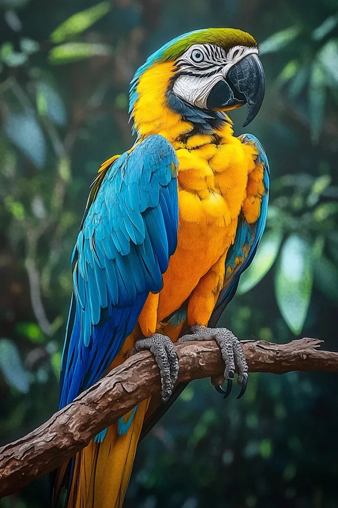 A vibrant blue-and-gold macaw perches on a weathered branch, its plumage sharply defined against a blurred green background.  The bird's bright yellow body and deep blue wings are striking. Its powerful beak and sharp talons are clearly visible. The image suggests a lush, tropical environment. The focus is on the macaw, creating a captivating portrait of this exotic creature.