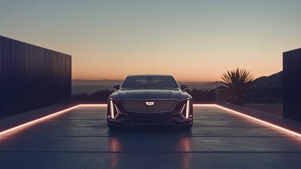 A sleek, dark-colored Cadillac sedan is parked in a modern driveway at sunset.  The car is centered in the frame, facing the viewer.  The driveway is bordered by sleek, dark walls and illuminated by soft, warm LED lighting.  The backdrop features a tranquil landscape with mountains silhouetted against the twilight sky.  The overall scene evokes a feeling of luxury and serenity.