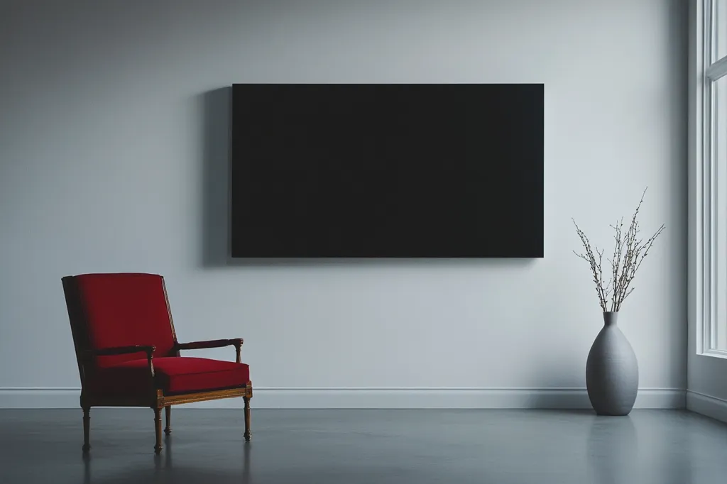A minimalist room features a large, dark rectangular screen mounted on a light grey wall.  A crimson armchair with dark wood legs sits to the left, facing the screen.  A grey vase with dried branches stands to the right, adding a touch of natural texture to the otherwise sleek space. The floor is a dark grey, enhancing the clean lines and muted color palette.  The overall aesthetic is modern and serene.
