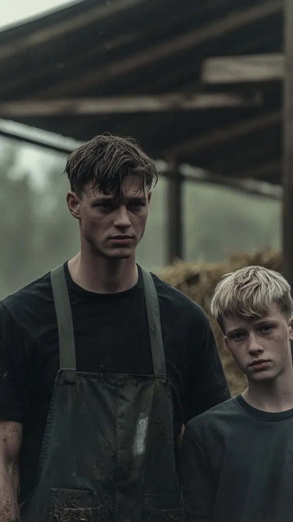 Two young men stand outdoors, possibly on a farm. The taller man wears a dark shirt and muddy overalls, his expression serious.  The shorter man, beside him, is also dressed simply, looking slightly apprehensive.  The background features a rustic wooden structure and hay bales, suggesting a rural setting.  The overall mood is somber and somewhat melancholic.