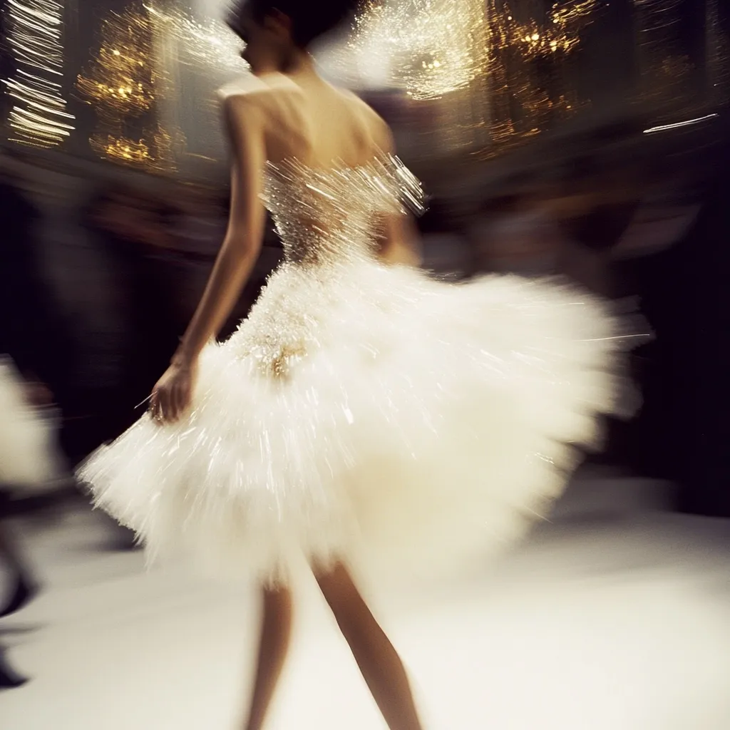 A model gracefully walks down a runway, showcasing a breathtaking white tulle dress adorned with shimmering embellishments. The dress, with its voluminous skirt, creates a sense of ethereal movement.  The background is blurred, highlighting the dress and the model's elegant pose, capturing the fleeting moment of a fashion show. The overall image is soft and luminous.