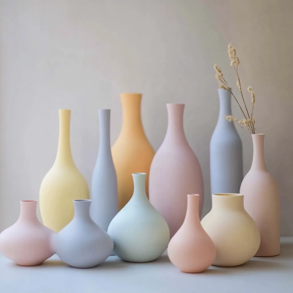 A collection of pastel-colored ceramic vases of varying shapes and sizes are arranged on a light gray surface.  The vases are in shades of pale yellow, pink, lavender, and light blue.  A small sprig of dried flowers is nestled in one of the taller, light blue vases. The overall aesthetic is minimalist and calming.