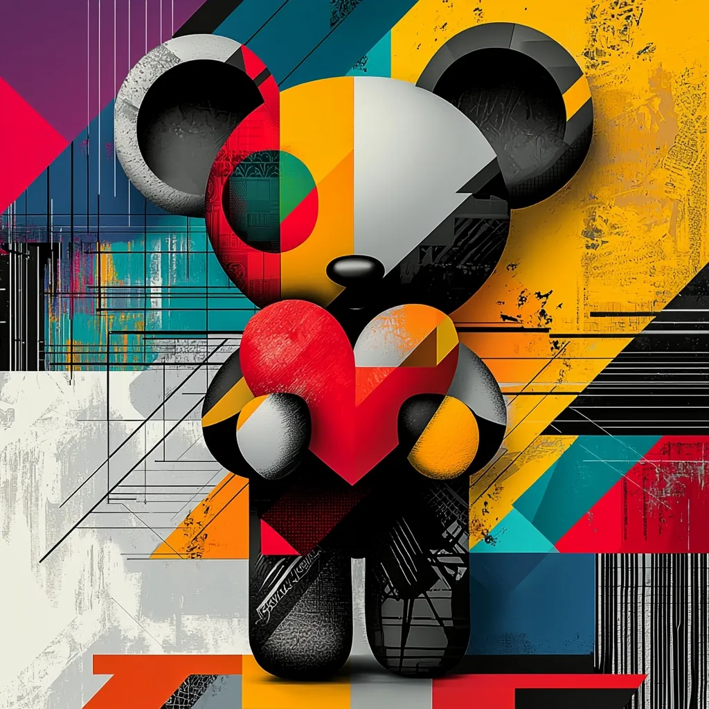 A stylized bear, constructed from geometric shapes and bold colors, holds a large red heart. The image is dominated by vibrant hues of red, yellow, black, and teal, arranged in a dynamic, abstract composition.  The bear's design incorporates elements of cubism and graphic design, creating a visually striking and modern artwork. The background features intersecting lines and textured surfaces, enhancing the overall sense of movement and energy.