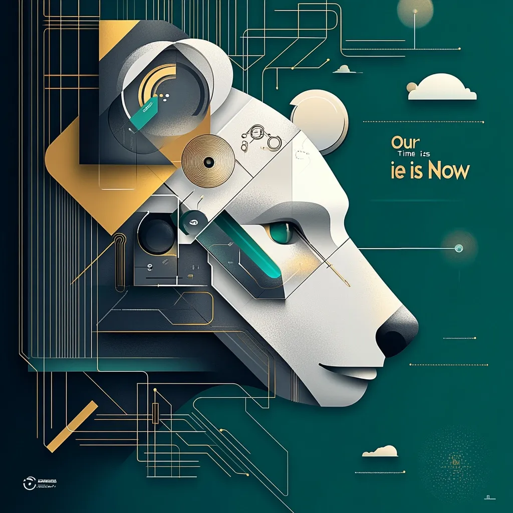 A stylized polar bear's head is depicted, its form composed of geometric shapes and circuit-like lines, suggesting a technological or futuristic theme.  Muted gold, teal, and dark gray hues create a sophisticated palette. The phrase "Our Time is Now" is prominently displayed, adding a sense of urgency and contemporary relevance. The overall design is clean, modern, and visually striking.