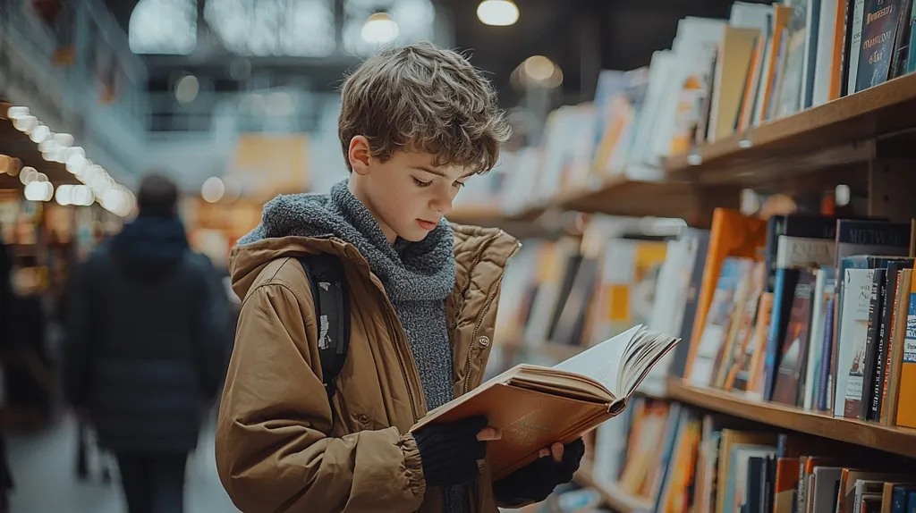A young boy, wearing a brown jacket and grey scarf, stands engrossed in a book.  He's surrounded by towering bookshelves packed with volumes in a bookstore. The setting is blurred, emphasizing the boy's concentration on his reading.  He holds the book open, his attention completely captivated by its contents.  The overall atmosphere is one of quiet contemplation and the joy of reading.