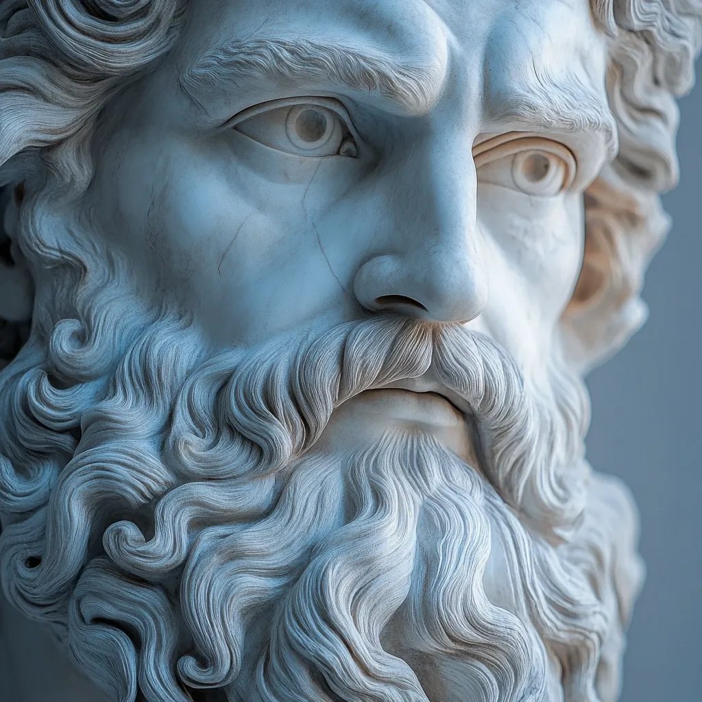 A close-up of a classical sculpture depicts the head and shoulders of a bearded man.  The marble is intricately detailed, showing expressive eyes, a furrowed brow, and meticulously carved, wavy hair and beard. The cool, bluish tone of the stone enhances the statue's serene yet powerful presence.  The craftsmanship is evident in the fine lines and textures.