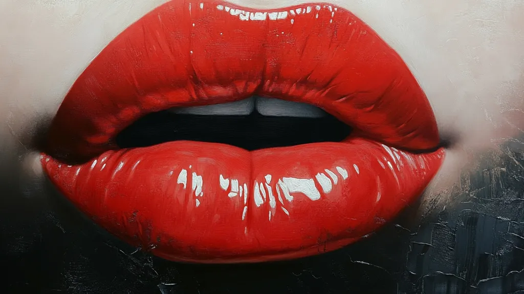 A close-up, hyperrealistic oil painting depicts a pair of full, luscious lips painted a vibrant, glossy red.  The detail is exquisite, showcasing the texture and sheen of the lipstick. The contrast between the bold red lips and the dark, textured background adds dramatic impact.  The overall effect is sensual and captivating.