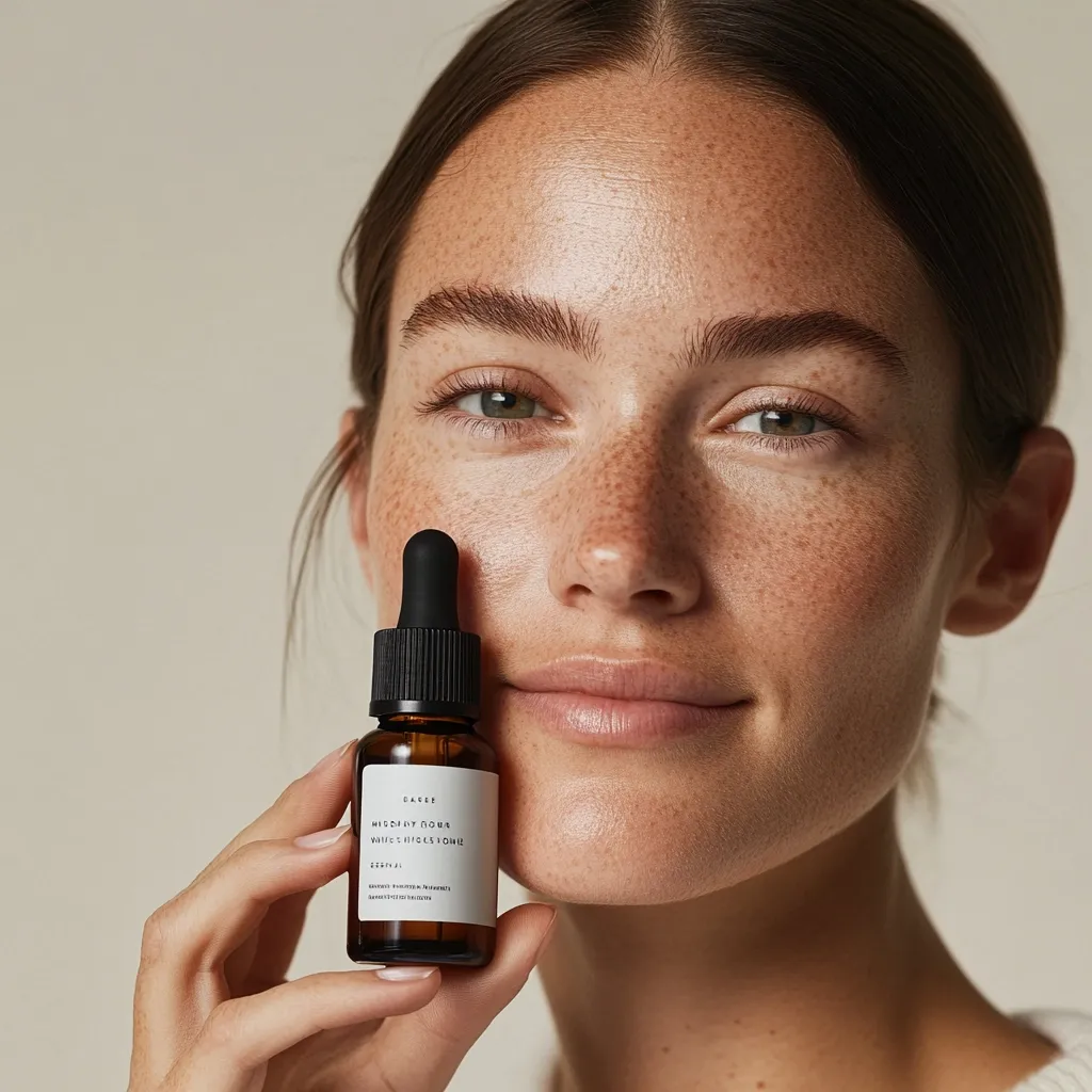 A close-up shows a woman with freckles holding a dark amber glass bottle of serum.  The bottle has a black dropper and minimalist white labeling.  The woman's skin appears healthy and radiant, highlighting the product's potential benefits. The image evokes a sense of natural beauty and skincare.