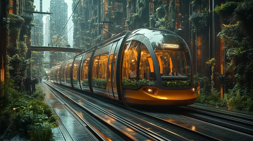 A futuristic tram glides through a rain-slicked city, its sleek, gold-accented design contrasting with the lush greenery that climbs the towering buildings.  Passengers are visible inside the warmly lit train, while people stroll along the walkways above and beside the tracks.  The scene depicts a harmonious blend of advanced technology and thriving nature in a densely populated urban environment.