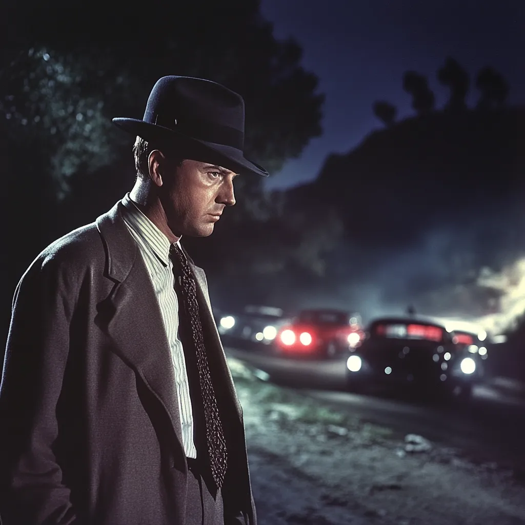 A man in a fedora and overcoat stands pensively at night, his gaze directed away from the camera.  The background is blurred but shows a roadway with several cars whose lights suggest nighttime traffic. The overall mood is somber and evocative of a film noir scene. His attire and the setting suggest a detective or similar character.