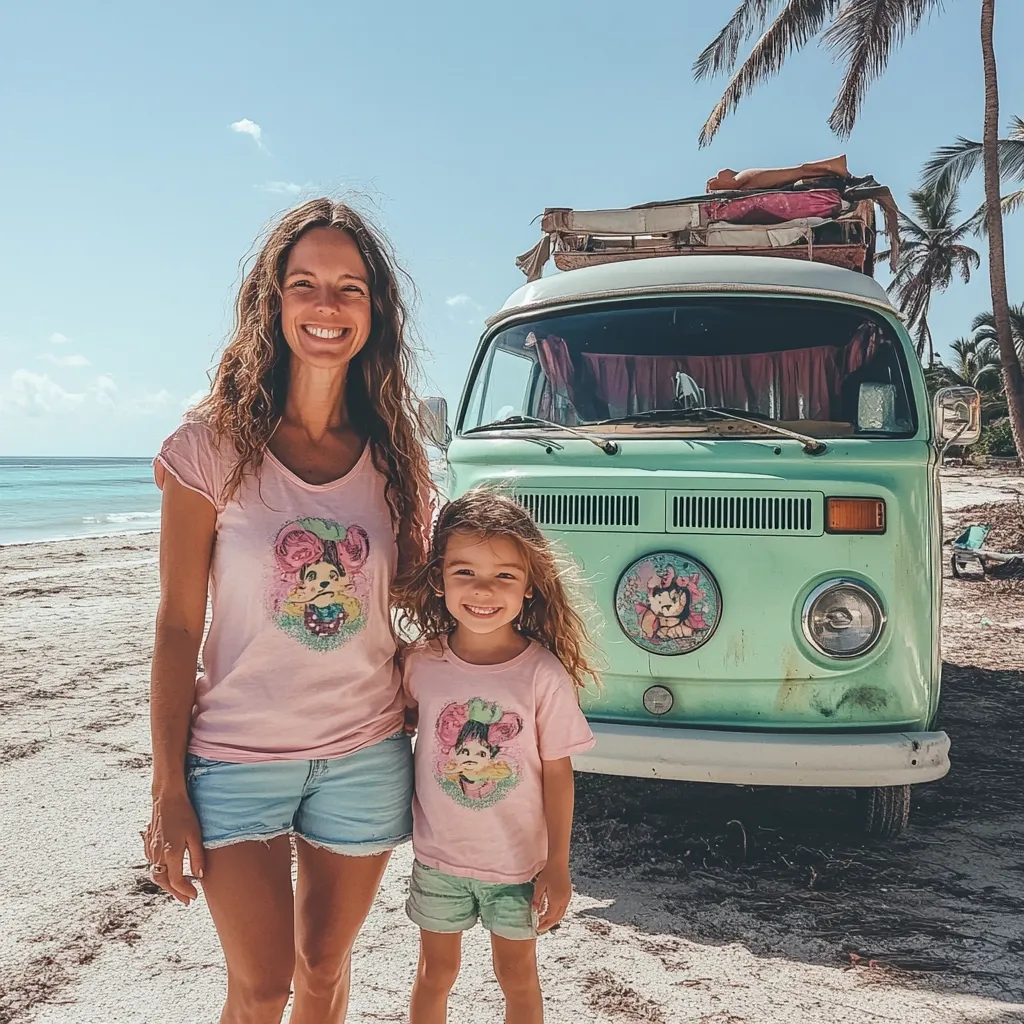 A woman and her young daughter stand on a beach in front of a vintage, light-green Volkswagen bus.  They wear matching pink t-shirts featuring a cartoon character. The bus is decorated with flowers and has bedding on its roof.  The beach is sandy, and a clear blue ocean is visible in the background, with palm trees in the distance. The scene evokes a carefree, family travel vibe.
