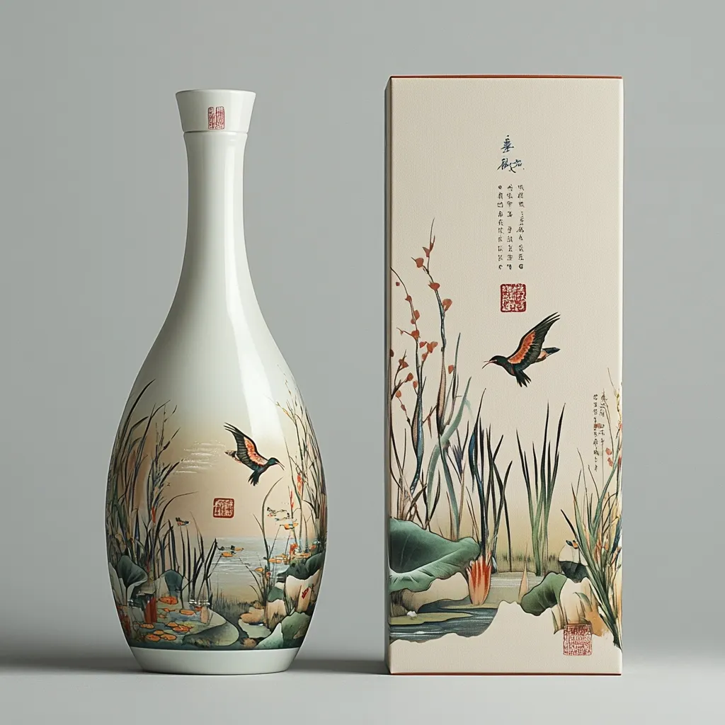 An elegant, porcelain bottle with a slender neck and a rounded body is presented alongside its matching box.  Both feature a delicate, hand-painted scene of birds in flight over a tranquil waterside landscape with reeds and lotus leaves. The artwork is done in soft, muted tones, creating a serene and sophisticated aesthetic.  The bottle's stopper and box bear small, red seals, adding an element of traditional artistry.
