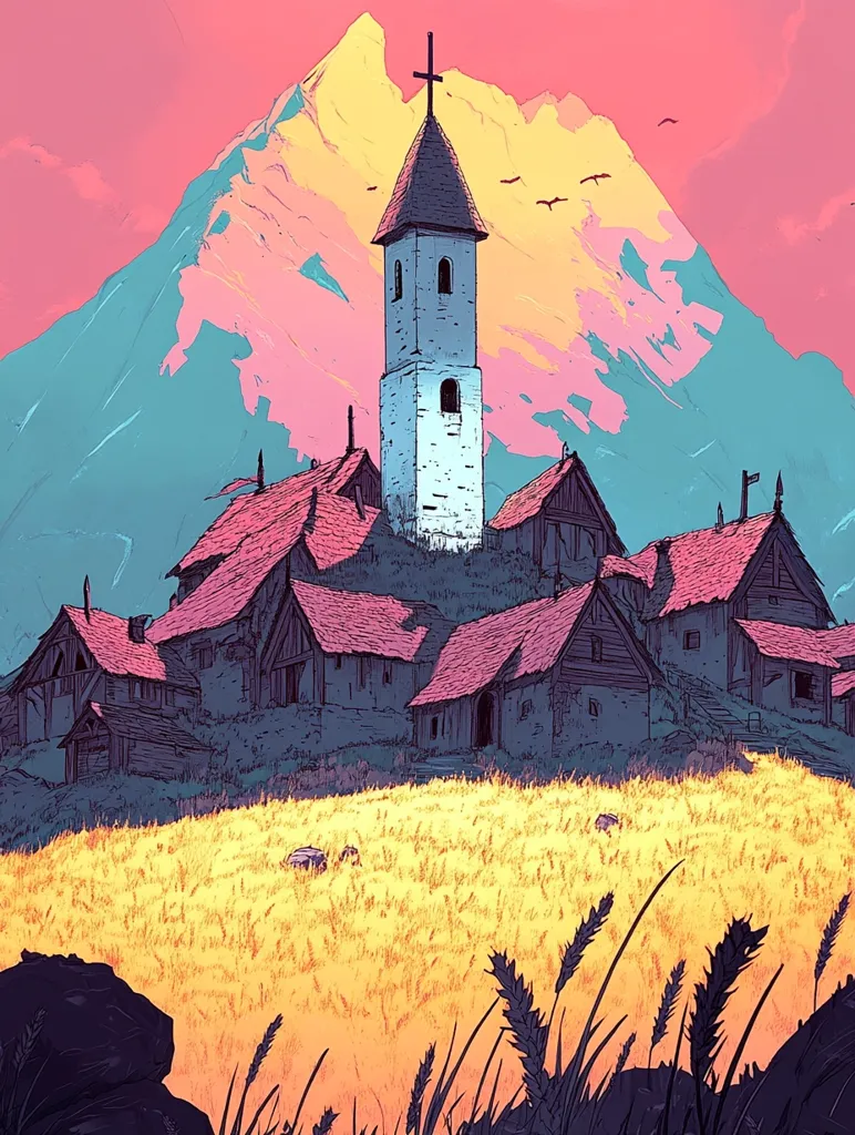 A stylized illustration depicts a quaint village nestled against a vibrant, pastel-colored mountain.  Rustic houses with reddish-brown roofs cluster around a tall, white church steeple.  The foreground is a field of golden wheat, bathed in warm light.  The overall aesthetic is dreamlike and peaceful, with a touch of fantasy. Birds fly in the pale sky above the mountain.