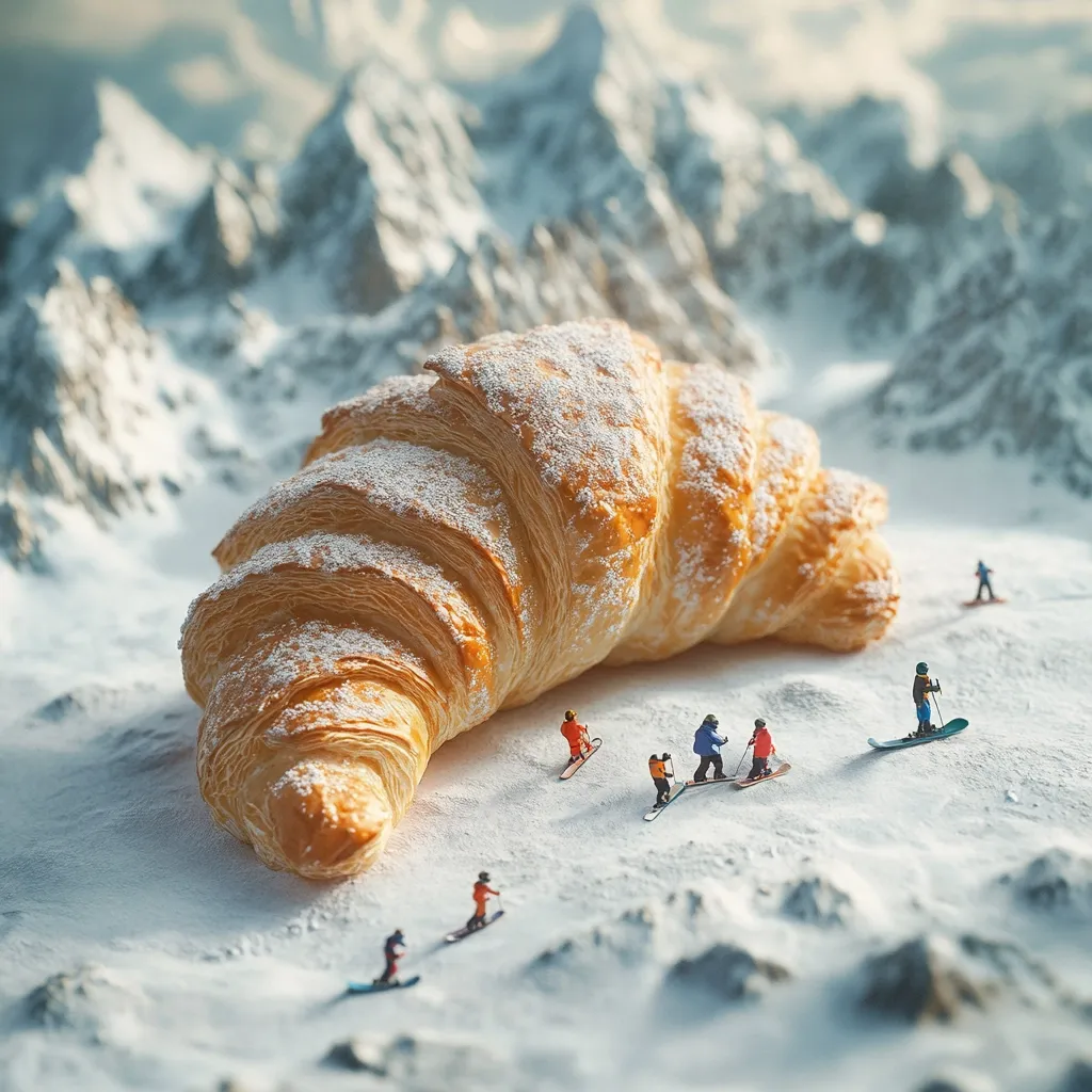 A giant, powdered croissant sits in a miniature snowy landscape, resembling a mountain range.  Tiny skiers and snowboarders are scattered across the croissant's "slopes," enjoying the whimsical scene. The contrast between the enormous pastry and the small figures creates a playful, surreal image.  The background features a detailed, snow-covered mountain range, enhancing the overall miniature effect.