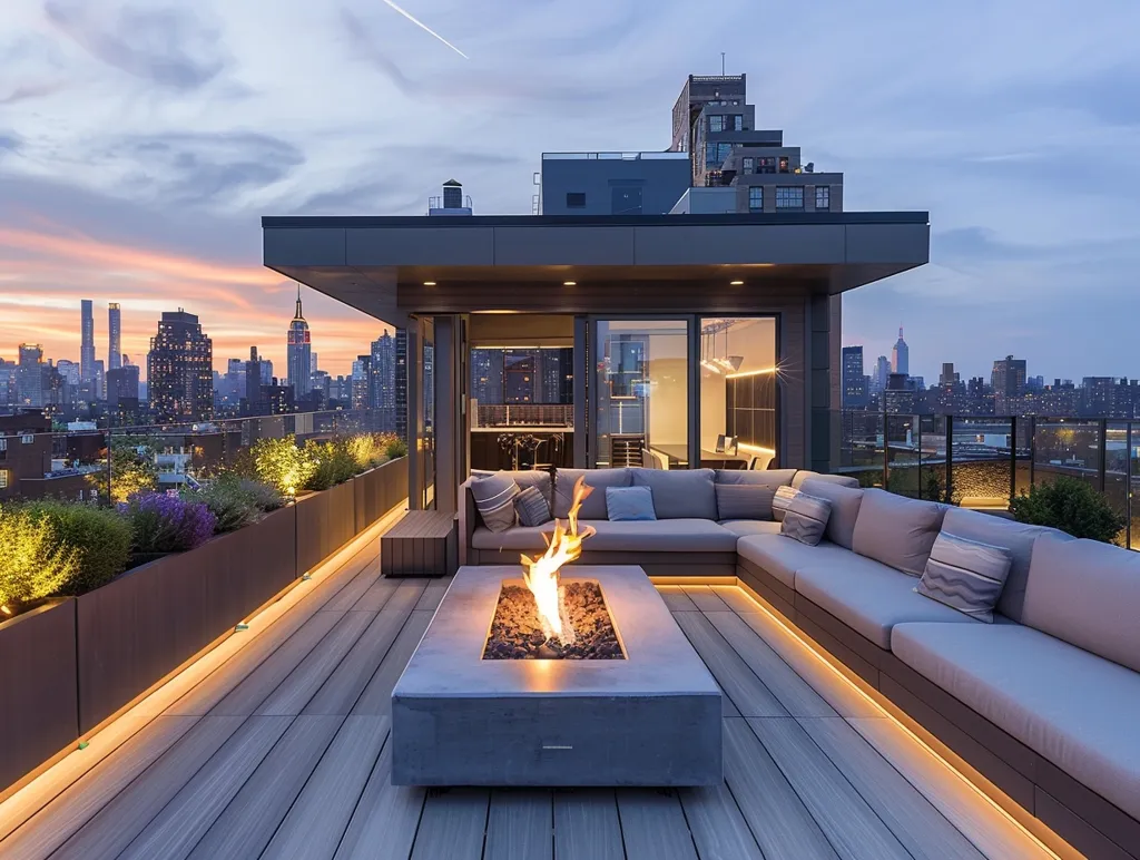 A modern rooftop terrace offers stunning city views at sunset.  A sleek, low concrete fire pit sits at the heart of a spacious L-shaped sectional sofa.  Planters filled with greenery line the edge, complemented by warm, subtle LED lighting along the deck. The contemporary design seamlessly blends indoor and outdoor living, creating a luxurious and relaxing urban oasis.