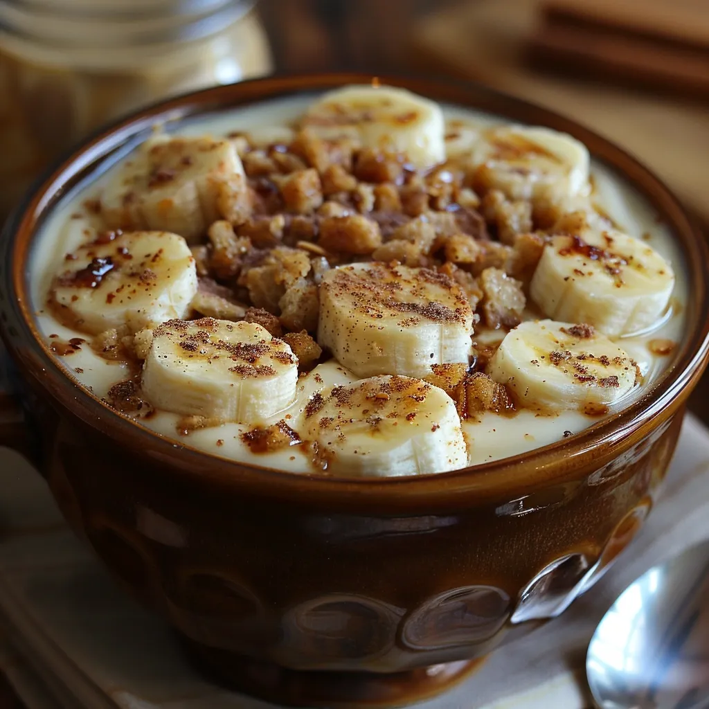 A brown bowl filled with creamy porridge is topped with sliced bananas, sprinkled with cinnamon, and drizzled with a caramel-like sauce.  Crumbled toasted bread pieces are scattered throughout. The dessert looks warm, comforting, and delicious.  The bowl sits on a light-colored placemat, with a spoon partially visible in the bottom right corner.