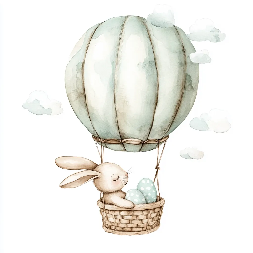 A charming watercolor illustration depicts a cute bunny nestled in a wicker basket attached to a pale teal hot air balloon.  The bunny rests peacefully amongst pastel-colored Easter eggs, drifting amidst fluffy white clouds against a clean white background. The scene evokes a whimsical and gentle feeling, perfect for children's art or Easter-themed decorations.
