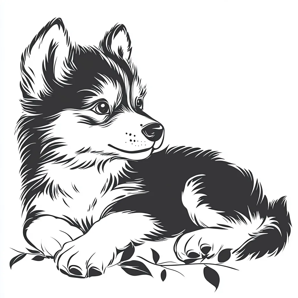 A black and white illustration of a husky puppy lying down.  The puppy is depicted in a stylized, almost graphic manner, with detailed fur texture.  Its expression is gentle and alert, its gaze directed slightly away from the viewer.  Simple leaf sprigs are beneath the puppy, adding a touch of nature to the design. The image is clean and visually appealing, suitable for various applications.