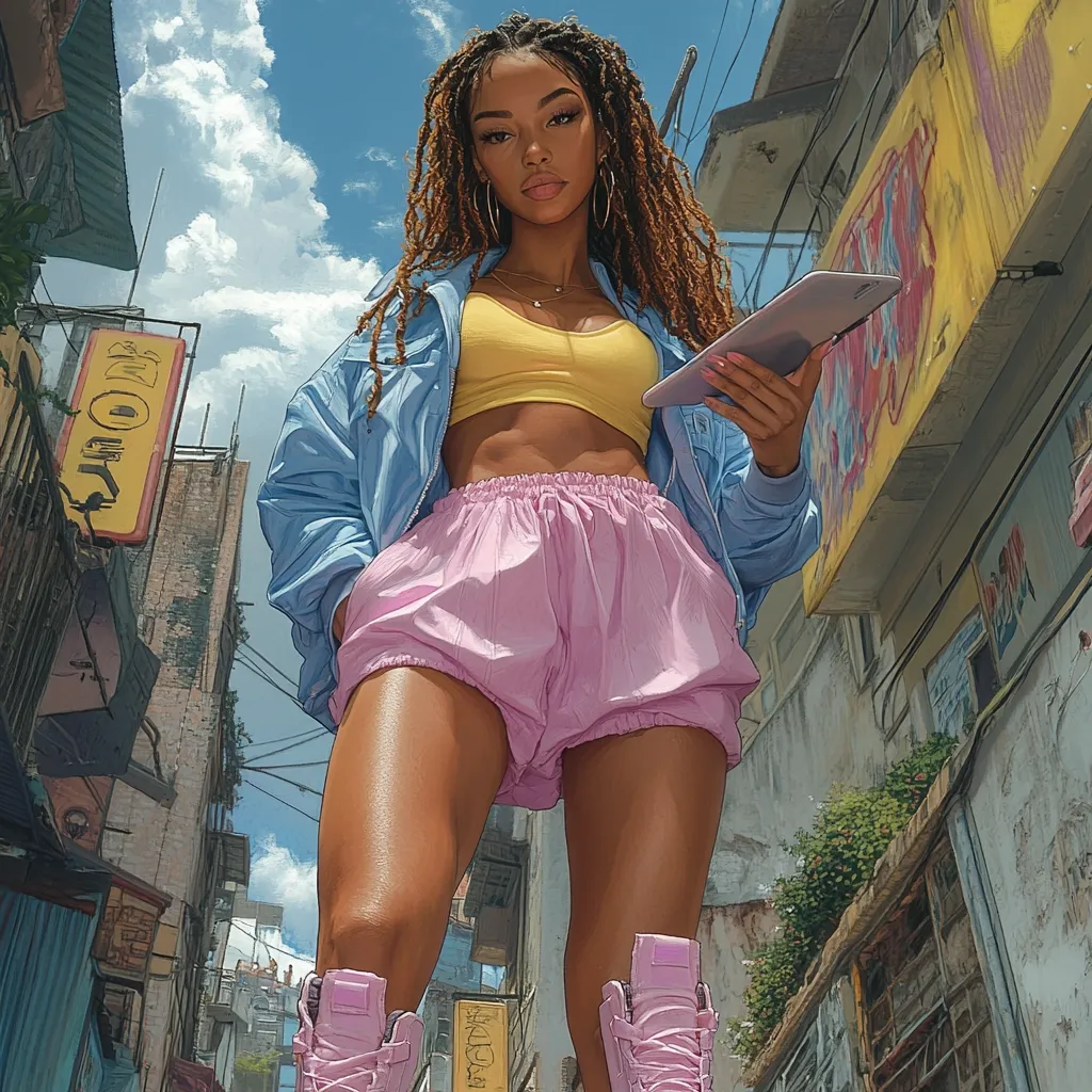 A stylized illustration depicts a young woman with long dreadlocks, gazing directly at the viewer.  She's dressed in a light blue jacket, yellow crop top, and pink bubble shorts.  Her footwear appears to be high-top pink boots.  She holds a tablet, and the background is a narrow, sun-drenched alleyway with Asian-style buildings. The perspective is from a low angle, making her appear larger than life.
