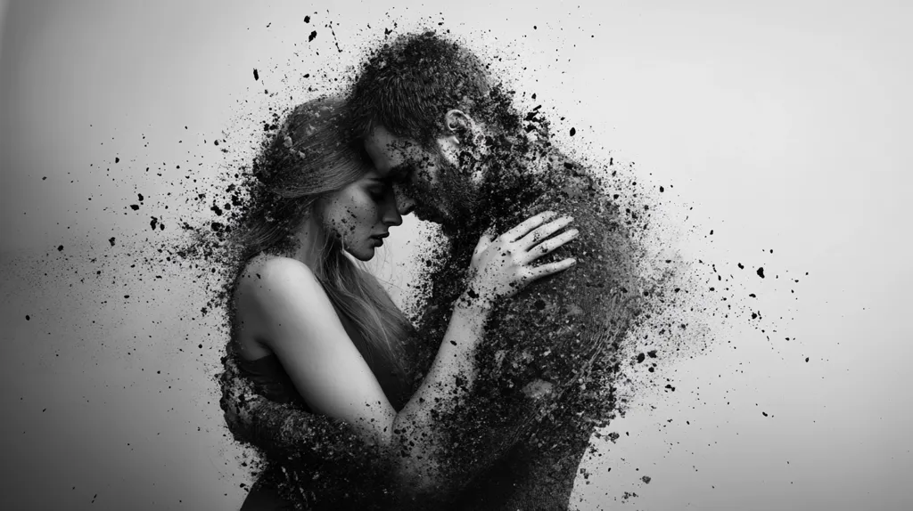 A black and white image depicts a couple embracing, their bodies dissolving into a cloud of dark particles.  The woman's long hair flows around her, her face serene yet sad.  The man's head rests against hers, their foreheads touching. The disintegration effect creates a sense of fragility and loss, suggesting the ephemeral nature of relationships or the passing of time. The overall mood is melancholic and poignant.