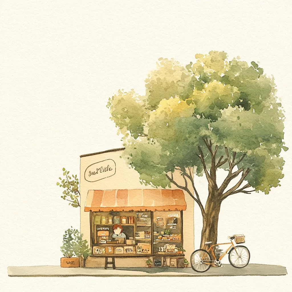 A charming watercolor painting depicts a small shop, "Snail's Click," nestled under a large, leafy tree.  The shop's window displays an array of goods, and a shopkeeper is visible inside. A bicycle rests against the tree, adding to the peaceful, idyllic scene. The overall style is soft and whimsical, with muted earth tones creating a calm atmosphere.