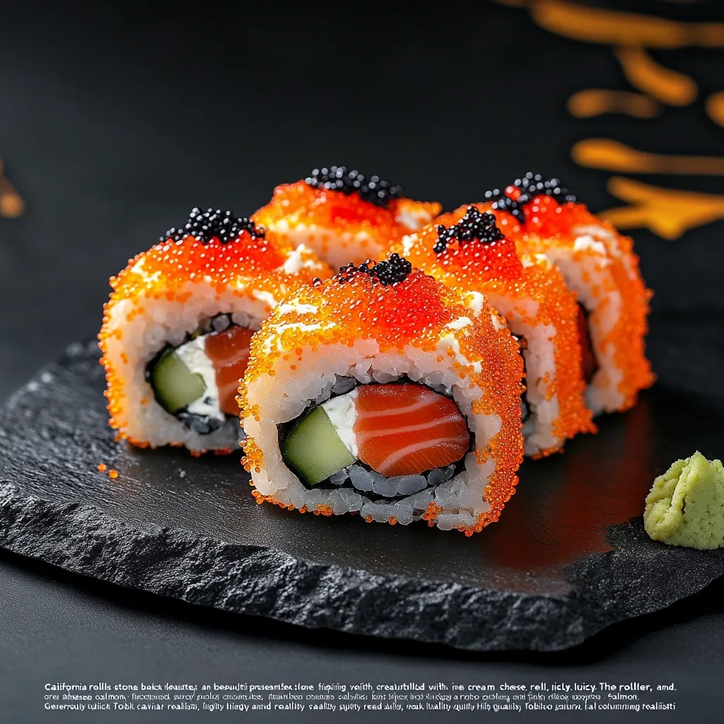 Several California rolls are artfully arranged on a dark slate.  Each roll is generously topped with vibrant orange tobiko (flying fish roe) and black caviar, showcasing a creamy interior of cream cheese, cucumber, and salmon.  The sushi is presented with a small dollop of wasabi, highlighting its freshness and visual appeal.